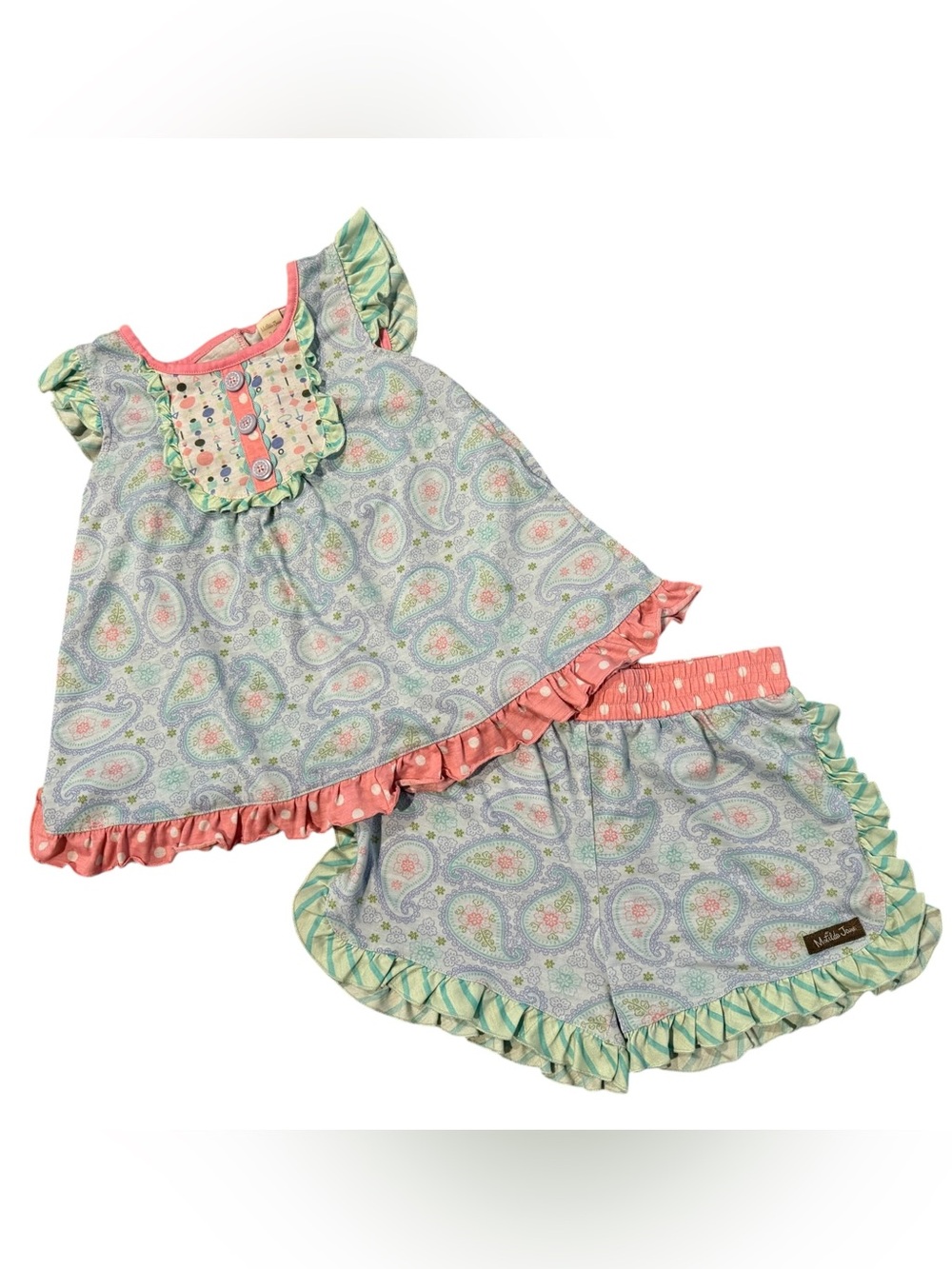 Matilda Jane Girls Blue Paisley Ruffle 2 Piece Short Pajama Set Size 8